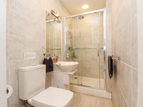 a bathroom with a toilet and a sink and a shower at Garden Studio in Wallasey