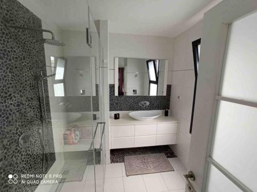 a white bathroom with a shower and a sink at Villa SUN in Ashkelon