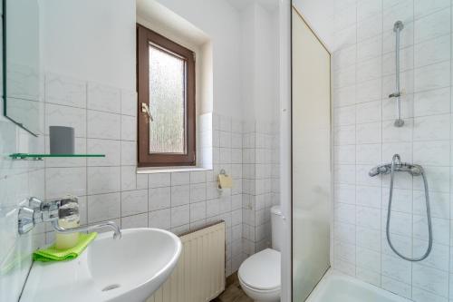 ein Badezimmer mit Waschbecken, Toilette und Dusche in der Unterkunft Willa Kaliniec in Karpacz