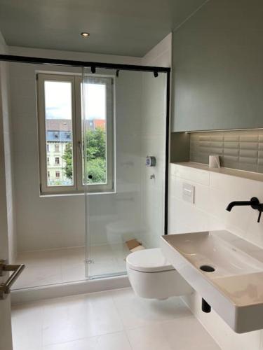 a bathroom with a toilet and a shower and a sink at Arbio I Lax Apartments in Leipzig