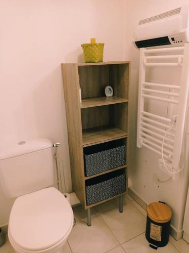 une salle de bain avec des toilettes blanches dans une chambre dans l'établissement Studio proche de la gare avec le calme des vignes., à Libourne