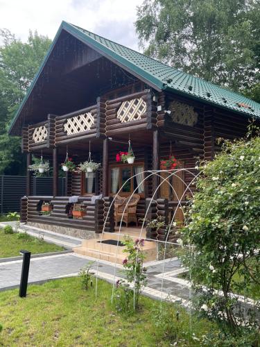 a log cabin house with a green roof at Chalet Mlyn in Migovo