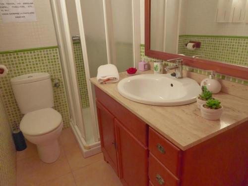 uma casa de banho com um lavatório, um WC e um espelho. em Casa rural Butaka em Alcalá del Júcar