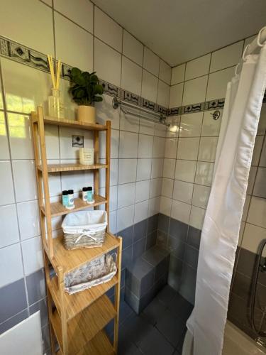 baño con ducha y estante de madera en aellia home, en Tsagkarada