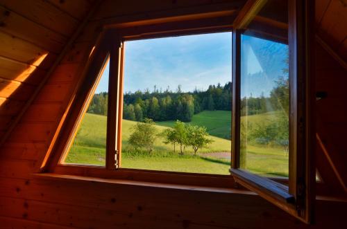 ein Fenster in einer Hütte mit Blick auf ein grünes Feld in der Unterkunft Domki u Oli in Kudowa-Zdrój