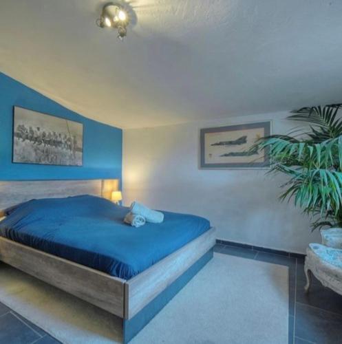 une chambre avec un lit bleu et une plante dans l'établissement Maison de campagne calme jacuzzi, à Grasse