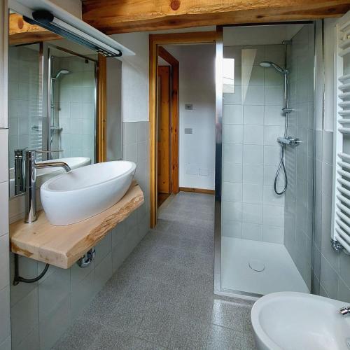 ein Badezimmer mit Waschbecken und Dusche in der Unterkunft marmot in Saint Marcel