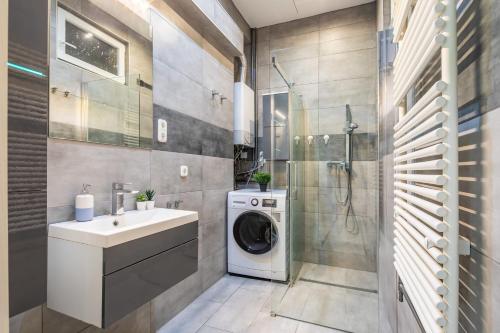 La salle de bains est pourvue d'un lave-linge et d'un lavabo. dans l'établissement Cozy & Central apartment with 2-bedroom, à Budapest