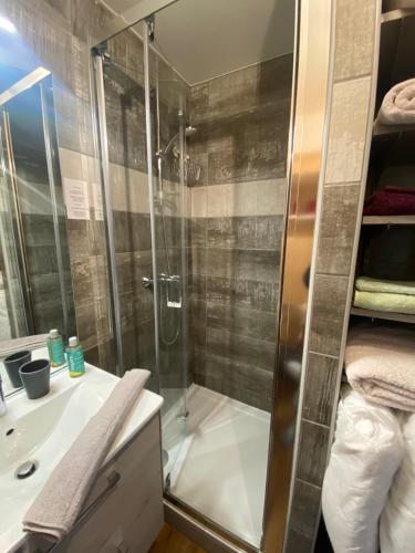 une salle de bain avec douche et lavabo dans l'établissement Serre Chevalier Studio l'ETAP' au pied des pistes, à La Salle Les Alpes