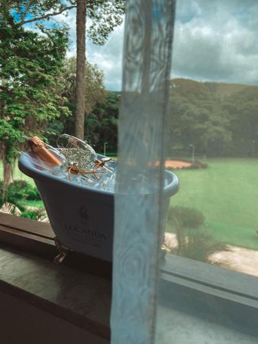 a bird bath sitting in a window with a view of the water at Locanda Bela Vista in Itaipava