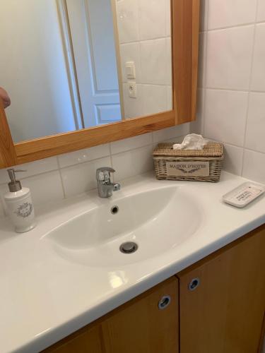 a bathroom sink with a mirror and a basket on it at domaine du green castelgreen in Rivières