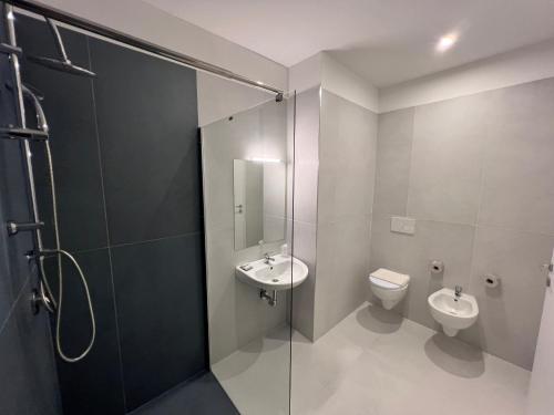 een badkamer met een wastafel, een toilet en een douche bij Hotel Telstar in Rimini