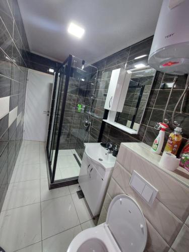 y baño con aseo, ducha y lavamanos. en Apartman Stil, en Višegrad