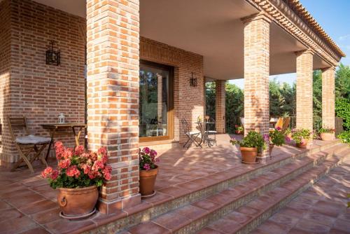 a patio with potted plants on a brick building at Villa Marín Toledo in Las Nieves