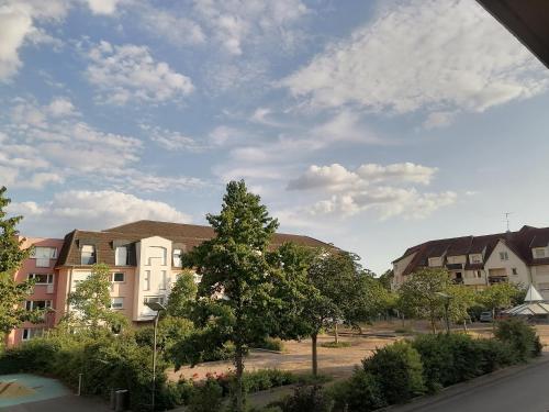 uma vista para uma rua com casas e árvores em La Galène chambre chez l'habitant em Illkirch-Graffenstaden