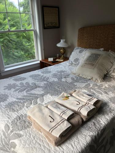 - un lit avec 2 serviettes et une fenêtre dans l'établissement Josephine's on the Bay Bed and Breakfast, à Hull