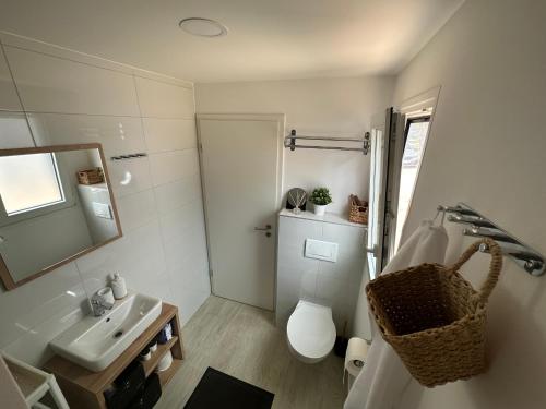 a bathroom with a sink and a toilet and a mirror at Mobile home Mare Blu in Rovanjska