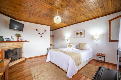 a bedroom with a bed and a fireplace at Pousada Nascer da Lua in Monte Verde