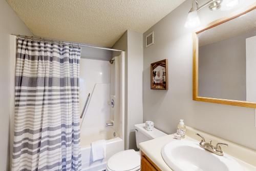 a bathroom with a sink and a toilet and a shower at Grandfather View in Sugar Mountain