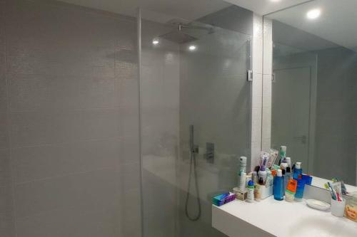 bagno con doccia, lavandino e specchio di Lisbon South Bay Apartment with terrace ad Almada