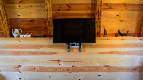 a flat screen tv on the wall of a log cabin at Mountain house Drveni Raj in Žabljak