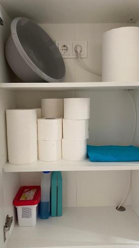 a shelf with rolls of toilet paper on it at Japandi apartamentai in Kaunas