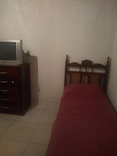um quarto com uma cama e uma televisão numa cómoda em Chácara lua e Sol em Pouso Alegre