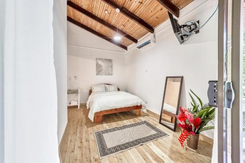 a bedroom with a bed and a mirror at Elena Brown in Puerto Viejo