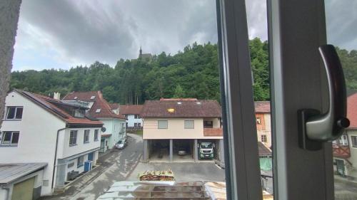 a view from a window of a town with houses at Steinadler apartman Dog-friendly, quiet, garden house with private parking and beautiful views - Kertes apartman egy szoba áráért in Murau