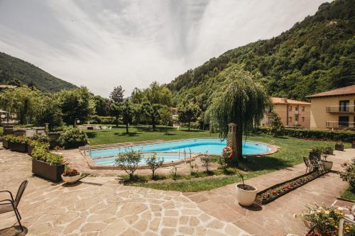 a swimming pool in a yard with a mountain at Hotel Catalunya Park in Ribes de Freser
