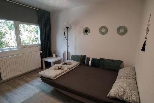 a living room with a brown couch and a window at Flóra House 3 minutes from Lake Balaton in Keszthely