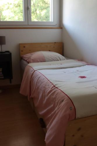 a bedroom with a bed and a window at Comme sur un nuage, appartement pour 4 personnes in Nendaz