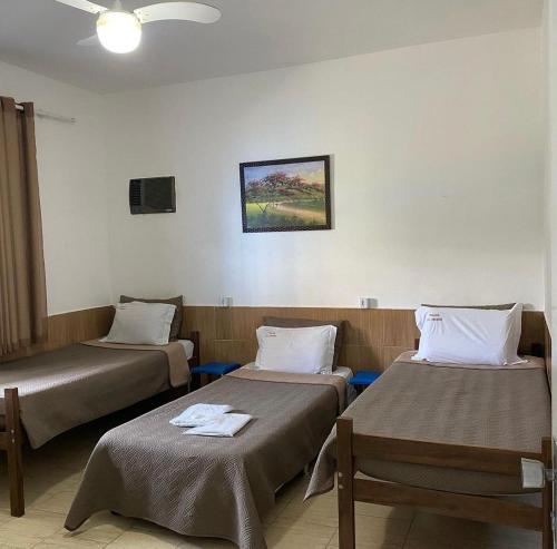 Habitación hospitalaria con 2 camas y una foto en la pared en Pousada El Shaddai, en Campos dos Goytacazes