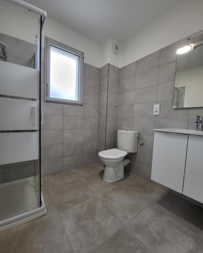 une salle de bain avec toilettes, douche et lavabo dans l'établissement Charmant type 1 neuf en hyper centre avec parking, à Corte