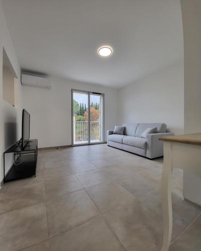 un salon avec un canapé et une télévision dans l'établissement Charmant type 1 neuf en hyper centre avec parking, à Corte