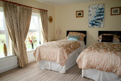 1 dormitorio con 2 camas y ventana en Ballyharvey B&B en Antrim