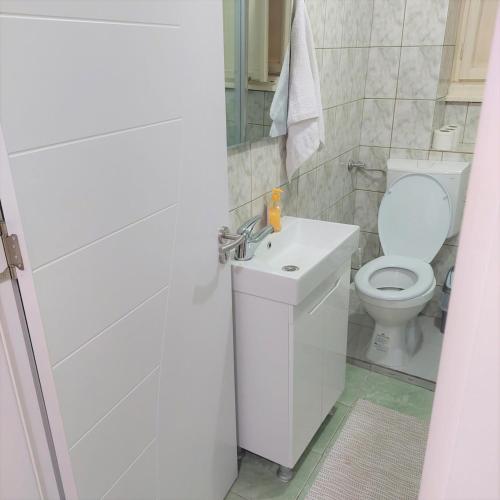 ein weißes Bad mit einem WC und einem Waschbecken in der Unterkunft City lux Square apartments Skopje in Skopje