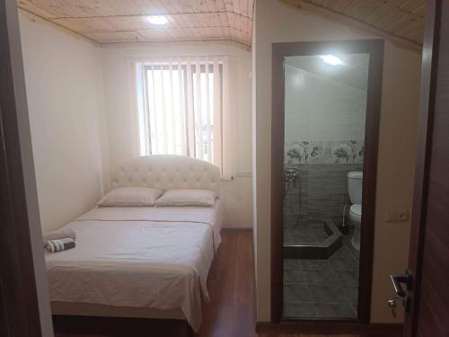 een slaapkamer met een bed en een badkamer met een douche bij NUR TOON in Areni