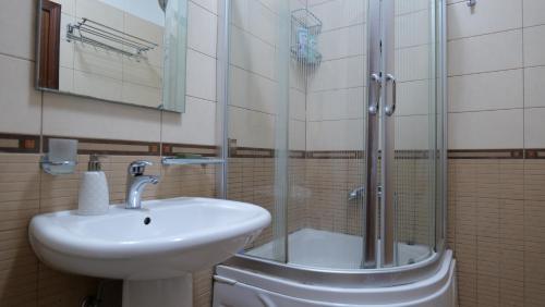 La salle de bains est pourvue d'un lavabo et d'une douche en verre. dans l'établissement Top location Kristi apartments 05, à Tirana