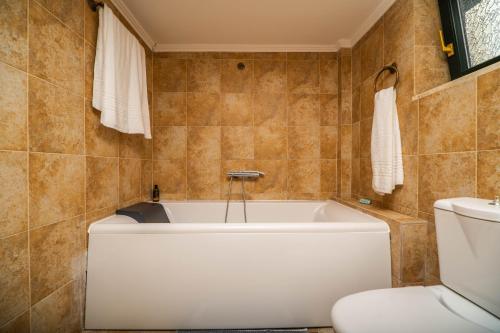 a bathroom with a tub and a toilet at Agnadia Villa in Stalos