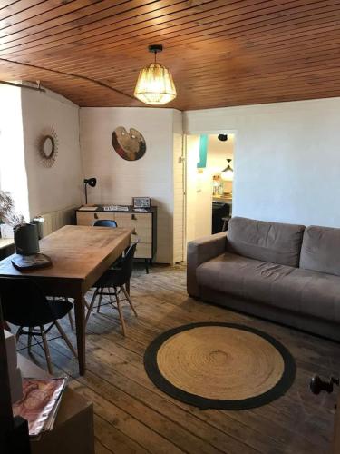 un salon avec un canapé et une table dans l'établissement ancienne maison de tisserande atypique, à Mornac-sur-Seudre