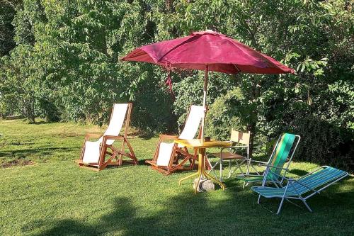 una mesa y sillas bajo una sombrilla en la hierba en Cabaña Liebe Inge en San Carlos de Bariloche