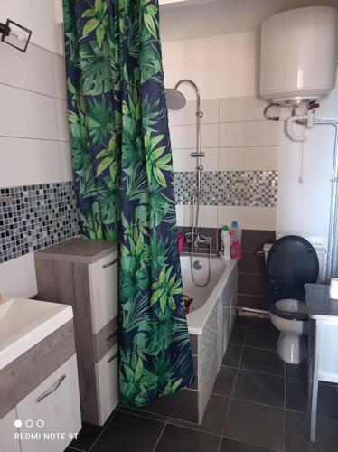 une salle de bain avec toilettes et rideau de douche dans l'établissement Superbe appartement avec magnifique vue., au Barcarès