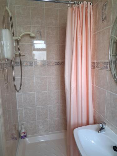 a bathroom with a shower curtain and a sink at Bearstone House in Loughrea
