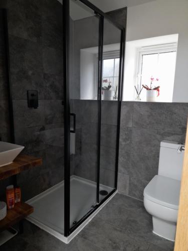 a bathroom with a shower and a toilet at Converted Barn in Bath in Bath