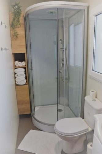a bathroom with a glass shower and a toilet at FM mobile - Oaza mira, Drage in Drage