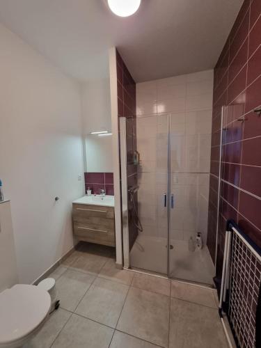 une salle de bain avec une douche, des toilettes et un lavabo dans l'établissement O'Sables, à Les Sables-dʼOlonne
