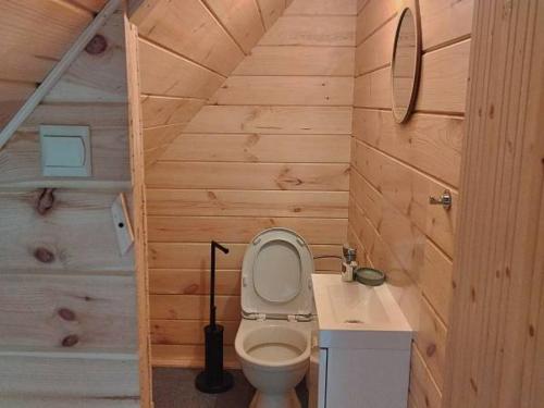 a small bathroom with a toilet and a sink at Za Potokiem in Grywałd