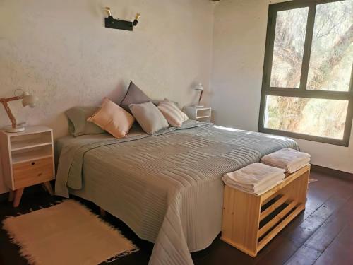 Un dormitorio con una cama grande y una ventana en Complejo Nogales en Tunuyán