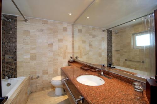 a bathroom with a sink and a tub and a toilet at Hotel Windsor House Inn By GEH Suites in Bogotá